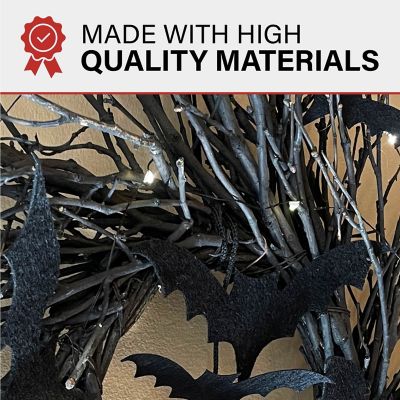 Image showing  15 in. Black Twig Battery-Operated Wreath with LED Lights & Flying Bats for Door or Wall Decoration