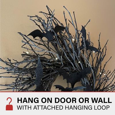 Image showing  15 in. Black Twig Battery-Operated Wreath with LED Lights & Flying Bats for Door or Wall Decoration