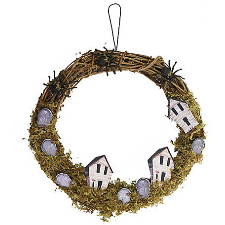 Haunted Hill Farm 15 in. Natural Grapevine Wreath with Spiders