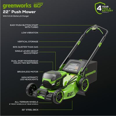 Image showing 8 th Greenworks 22 in. 60V Brushless Cordless Battery Walk-Behind Push Lawn Mower, 5.0Ah Battery & Charger