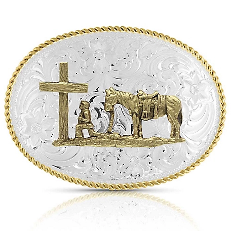 Montana Silversmiths Small Two-Tone Engraved Buckle with Christian Cowboy, 1849-731L