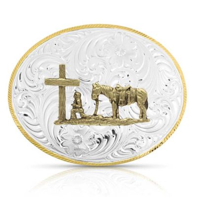 Montana Silversmiths Petite Two-Tone Engraved Buckle with Christian Cowboy, 5007-731M