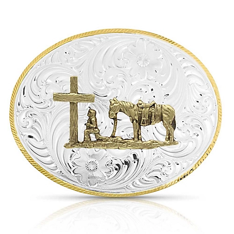 Montana Silversmiths Petite Two-Tone Engraved Buckle with Christian Cowboy, 5007-731M