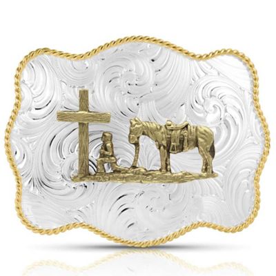 Montana Silversmiths Bold Engraved Scalloped Buckle With Christian Cowboy, 50510-731L