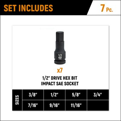 Image showing  1/2 in. Drive SAE Hex Impact Socket Set, 7 pc.