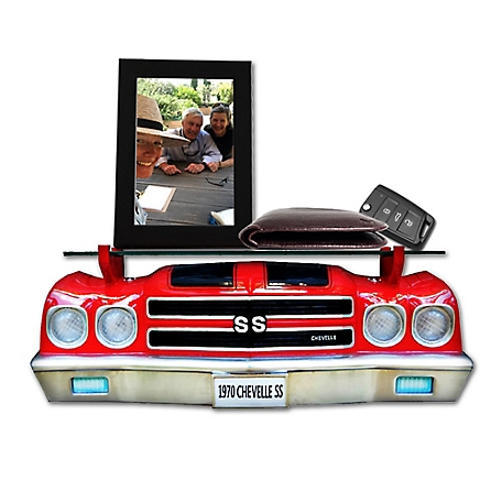 Chevrolet 1970 Chevelle SS Car Floating Shelf, Red with Black Stripes, Working LED Headlights