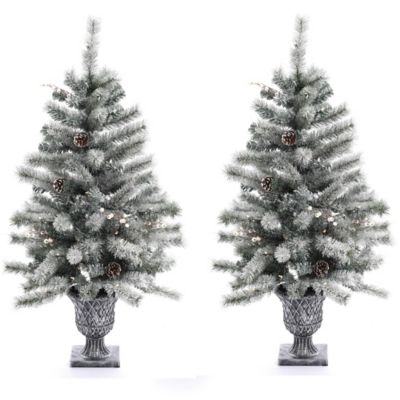 LuxenHome 4 ft. Pre-Lit LED Artificial Flocked Pine Christmas Tree with Pine Cones and Urn Pot, Set of 2