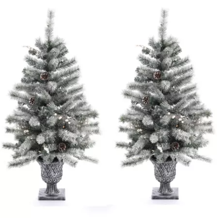 LuxenHome 4' Flocked LED Lighted Artificial Christmas Tree with Pine Cones and Urn Pot Set of 2 Artificial Christmas Trees