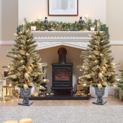 Image showing  4 ft. Pre-Lit LED Artificial Flocked Pine Christmas Tree with Pine Cones and Urn Pot, Set of 2