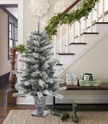 Image showing  4 ft. Pre-Lit LED Artificial Flocked Pine Christmas Tree with Pine Cones and Urn Pot, Set of 2