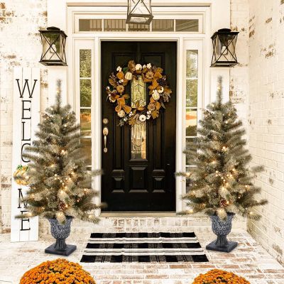 Image showing  4 ft. Pre-Lit LED Artificial Flocked Pine Christmas Tree with Pine Cones and Urn Pot, Set of 2