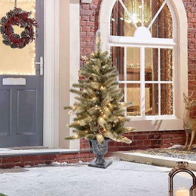 Image showing  4 ft. Pre-Lit LED Artificial Flocked Pine Christmas Tree with Pine Cones and Urn Pot, Set of 2