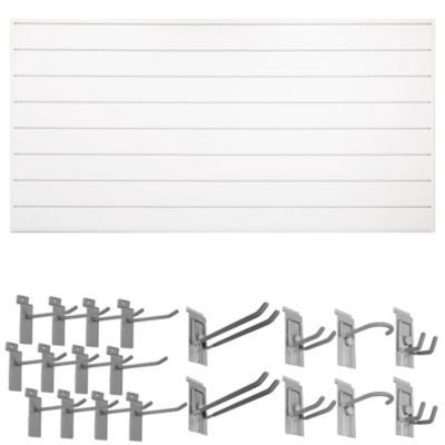 CrownWall 8 ft. x 4 ft. Garage Organization Slat Wall Kit Bundle with 20 pc. Locking Hook Kit, White PVC Panels