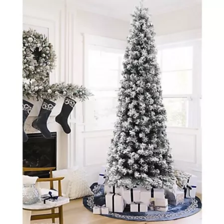 LuxenHome 7' LED Lighted Flocked Artificial Snow Slim Christmas Tree Artificial Christmas Trees