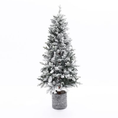 LuxenHome 5.6ft Pre-Lit LED Artificial Snow Flocked Slim Fir Christmas Tree