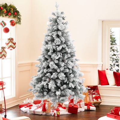Image showing  6 ft. Artificial Flocked Full Pine Christmas Tree with Pine Cones