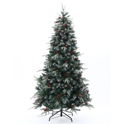 LuxenHome7 ft. Pre-Lit LED Artificial Full Pine Christmas Tree with Pine Cones and Red Holly Berries