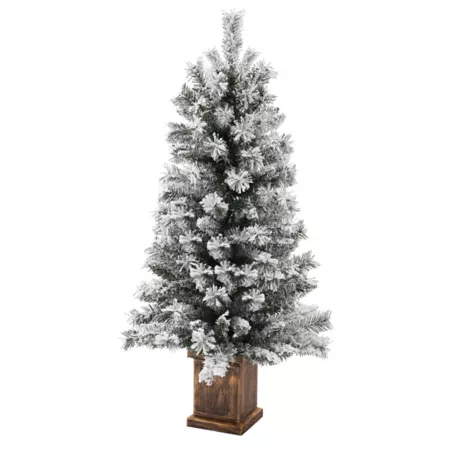 LuxenHome Battery Operated Flocked Artificial Christmas Tree with Timer 4 Feet LED Lighted with Square Planter Artificial Christmas Trees