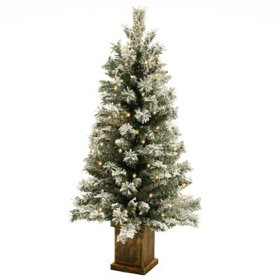 Image showing  4 ft. Pre-Lit LED Battery-Operated with Timer Artificial Flocked Fir Christmas Tree with Square Planter