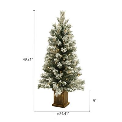 Image showing 9 th LuxenHome 4 ft. Pre-Lit LED Battery-Operated with Timer Artificial Flocked Fir Christmas Tree with Square Planter