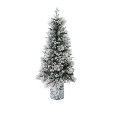 LuxenHome4 ft. Pre-Lit Green Flocked Potted Artificial Christmas Tree