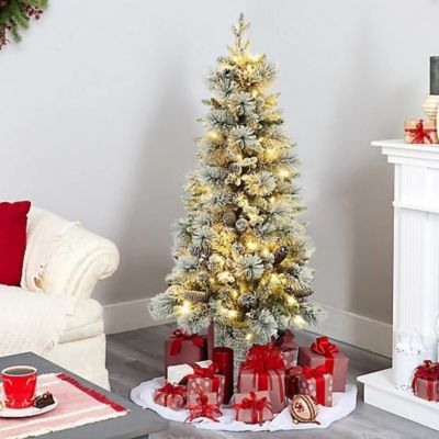 LuxenHome 4 ft. Pre-Lit Green Flocked Potted Artificial Christmas Tree