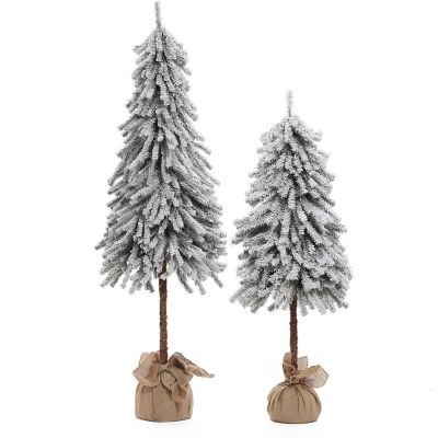 LuxenHome Set of 2 Pre-lit Snow-Flocked Potted Artificial Christmas Tree