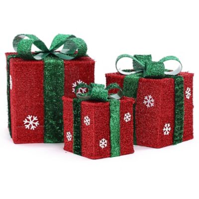 LuxenHome Red and Green Presents with Bows Lighted LED Indoor/Outdoor Holiday Decoration, 3 pc.