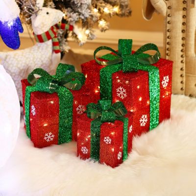 Image showing  Red and Green Presents with Bows Lighted LED Indoor/Outdoor Holiday Decoration, 3 pc.