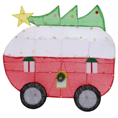 LuxenHome Red and White Camper with Tree Lighted Indoor Outdoor Holiday Decoration
