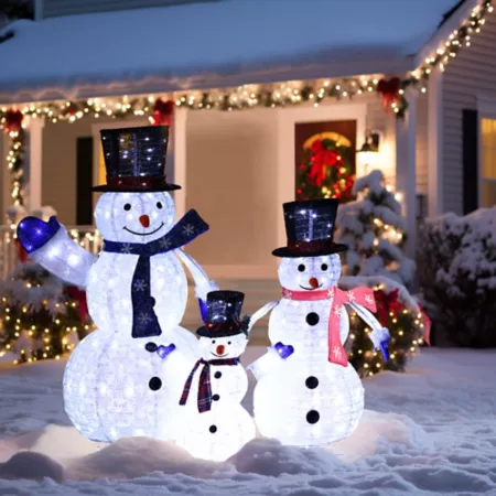 LuxenHome LED Lighted Family Snowman for Winter Holiday Garden Decor 3 Pieces. Christmas Statues