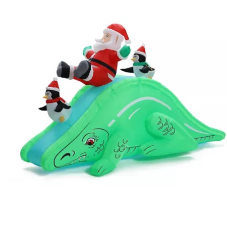 LuxenHome Santa and Penguins Trio Sliding on an Inflatable Dinosaur Holiday Decoration Christmas Inflatables