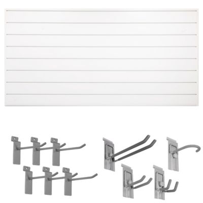 CrownWall 8 ft. x 4 ft. Garage Organization Slat Wall Bundle with 10 pc. Locking Hook Kit, White PVC Panels