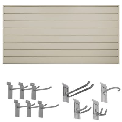 CrownWall 8ft. x 4ft. Garage Organization Slat Wall Bundle with 10pc Locking Hook Kit, Beige PVC Panels