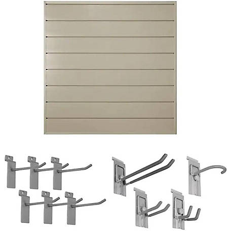 CrownWall 4ft. x 4ft. Garage Organization Slat Wall Bundle with 10pc Locking Hook Kit, Beige PVC Panels