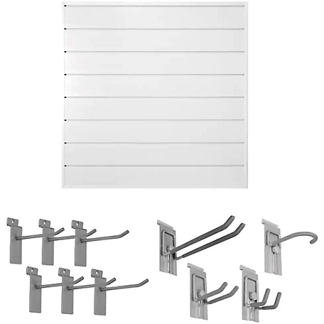 CrownWall 4ft. x 4ft. Garage Organization Slat Wall Bundle with 10pc Locking Hook Kit, White PVC Panels
