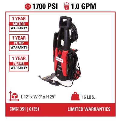 Image showing  1,700 PSI 1.0 GPM Electric Cold Water Residential Clean Machine Pressure Washer