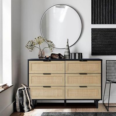 Image showing  6-Drawer Wood Rattan Dresser, 43.3 in., Black/Brown