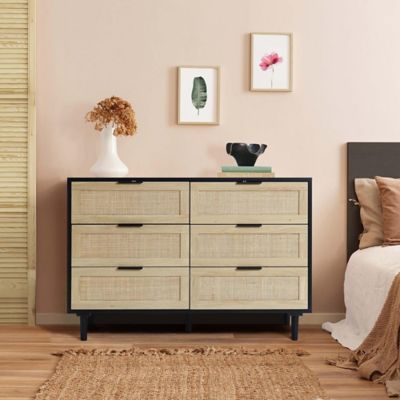 Image showing  6-Drawer Wood Rattan Dresser, 43.3 in., Black/Brown
