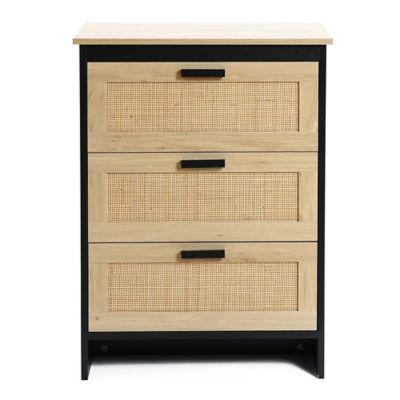 LuxenHome Black and Brown Wood 3-Drawer Rattan Chest