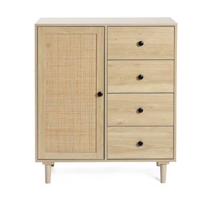 LuxenHome White Oak Finish Wood and Rattan 1-Door 4-Drawer Storage Cabinet
