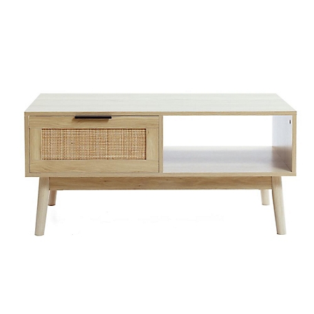 LuxenHome White Oak Finish Wood and Rattan Coffee Table