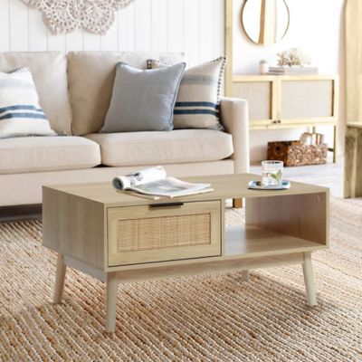 Image showing  White Oak Finish Wood and Rattan Coffee Table