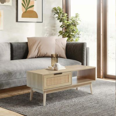 Image showing  White Oak Finish Wood and Rattan Coffee Table