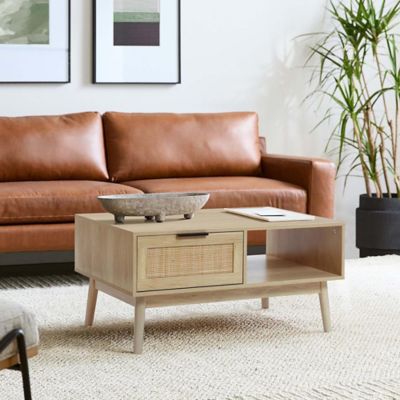 Image showing  White Oak Finish Wood and Rattan Coffee Table
