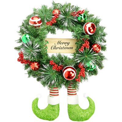 Fraser Hill Farm 24 in. Elf Boots Pine Wreath with Berries, Balls, and Merry Christmas Sign