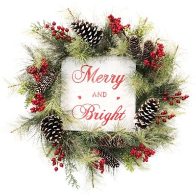 Fraser Hill Farm 26 in. Frosted Wreath with Pinecones, Red Berries, and Merry Christmas Sign