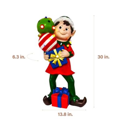 Fraser Hill Farm 30 in. Elf Figurine Holding Presents with Built-in Multicolor LED Lights