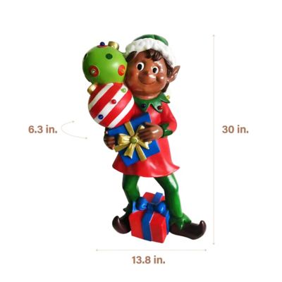 Fraser Hill Farm 30 in. African American Elf Figurine Holding Presents with Built-in Multicolor LED Lights