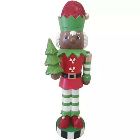 Fraser Hill Farm 48" African American Elf Nutcracker Holding Tree Figurine in Red/Green Christmas Statues